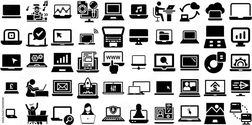 Big Set Of Laptop Icons Pack Hand-Drawn Black Drawing Pictogram Icon, Tablet, Threat, Hoodie Pictogram Isolated On Transparent Background