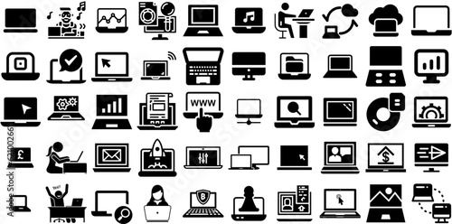 Big Set Of Laptop Icons Pack Hand-Drawn Black Drawing Pictogram Icon, Tablet, Threat, Hoodie Pictogram Isolated On Transparent Background