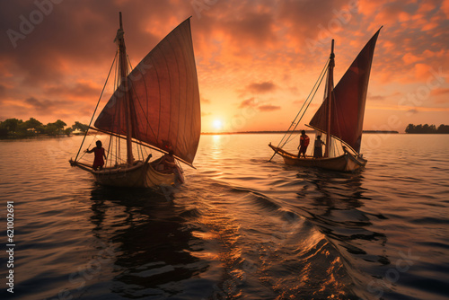Female and a male sailing with canoes close to each other at sunset photography