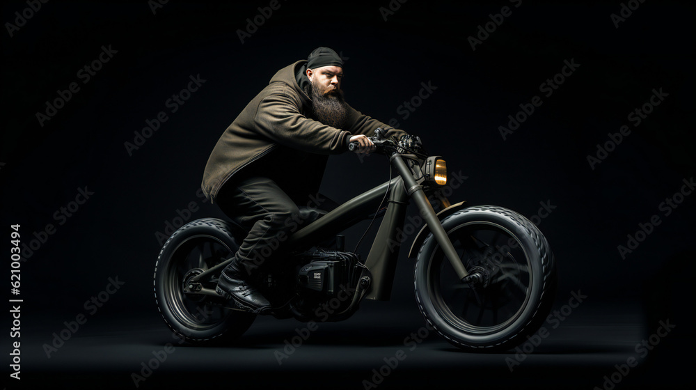 Biker on motorcycle, black background, beautiful motor design