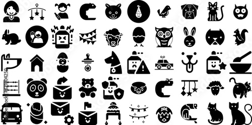 Mega Collection Of Cute Icons Set Hand-Drawn Black Modern Glyphs Sweet, Glistering, Icon, Nubes Silhouettes Isolated On White