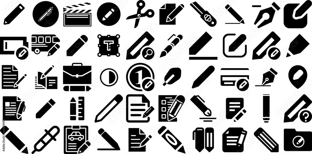 Massive Collection Of Edit Icons Bundle Hand-Drawn Black Infographic Symbols Draw, Note, Editor, Icon Doodles Isolated On Transparent Background