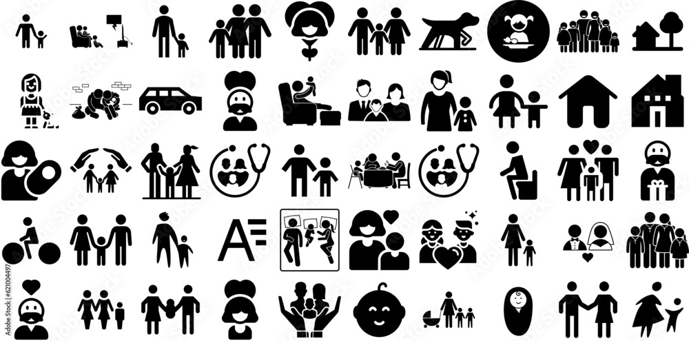 Mega Collection Of Family Icons Set Hand-Drawn Black Cartoon Signs Team, Profile, Health, Icon Silhouette Vector Illustration