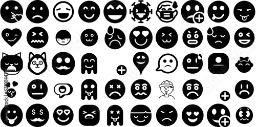 Massive Collection Of Emoticon Icons Bundle Black Vector Silhouettes Sad, Circle, Symbol, Icon Elements Isolated On White Background