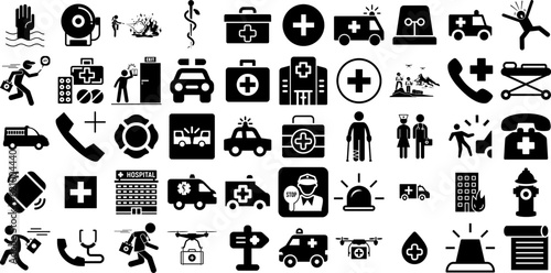 Mega Collection Of Emergency Icons Set Hand-Drawn Solid Infographic Elements Icon, Hot Line, Symbol, Doorway Doodles Isolated On White photo