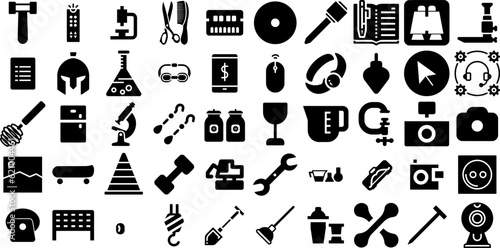 Huge Set Of Equipment Icons Set Flat Design Symbol Speaker, Tool, Health, Engineering Pictograms For Apps And Websites