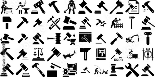 Big Collection Of Hammer Icons Bundle Isolated Cartoon Glyphs Icon, Wrench, Tool, Finance Symbol Isolated On White