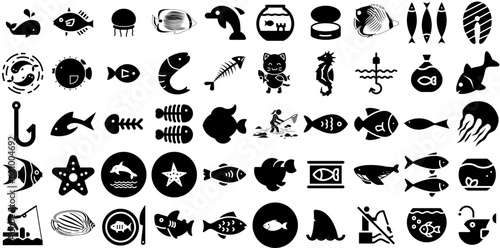 Massive Collection Of Fish Icons Pack Black Infographic Symbols Bowl  Symbol  Jesus Christ  Icon Doodle Isolated On White Background