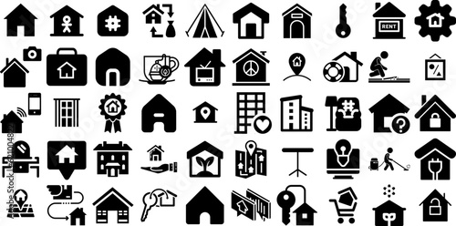 Huge Collection Of House Icons Set Isolated Modern Pictograms Silhouette, Tool, Roof, Mark Clip Art Isolated On Transparent Background