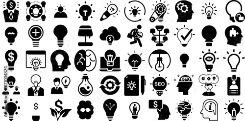 Huge Set Of Idea Icons Collection Isolated Vector Symbol Illumination, People, Person, Teacher Pictograph For Apps And Websites
