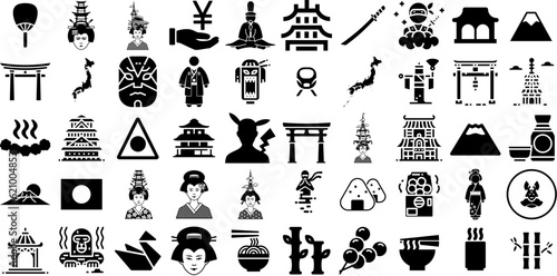 Massive Collection Of Japan Icons Bundle Black Drawing Symbol Regard, Silhouette, Symbol, Icon Pictograms Vector Illustration