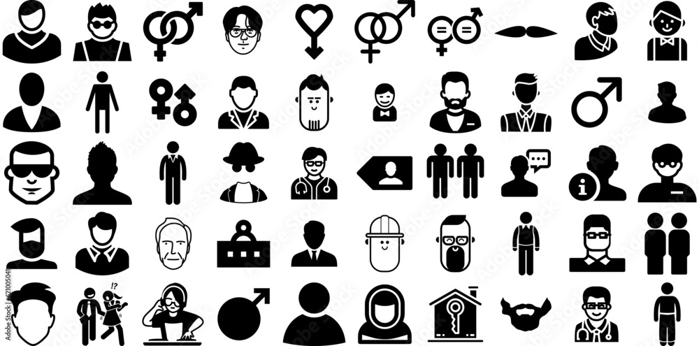 Big Set Of Male Icons Set Linear Cartoon Elements Symbol, Icon, Silhouette, Infographic Pictograms Isolated On Transparent Background