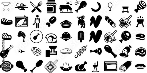 Massive Collection Of Meat Icons Collection Solid Simple Glyphs Icon, Plant, Silhouette, Vegetable Glyphs Isolated On White