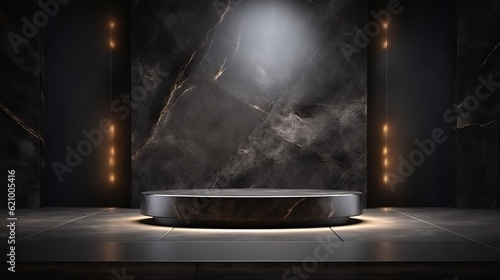 Luxury 3d black podium with minimalist lamps beside and light from top and realistic texture effect on luxury black and gold marble wall studio background  lot of delicious asian food being place.