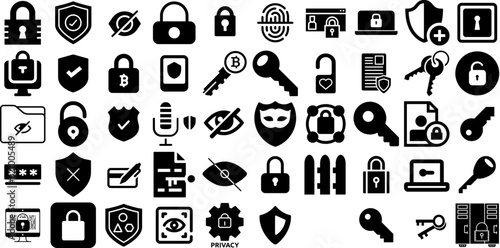 Massive Set Of Privacy Icons Pack Flat Infographic Silhouettes Icon, Mark, Privacy, Symbol Pictograph Isolated On Transparent Background