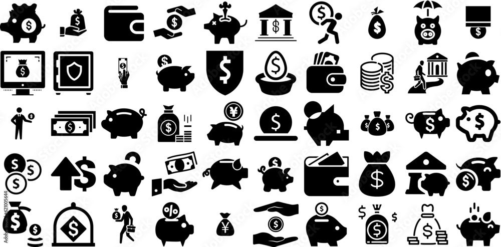 Massive Set Of Savings Icons Collection Hand-Drawn Isolated Modern Glyphs Coin, Finance, Nubes, Icon Glyphs Isolated On White Background