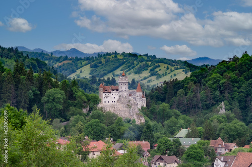 Medieval Bran Castle also known as Dracula Castle and surrounding area in Bran, Brasov, Romania. The Castle was built to guard the mountain pass between Transylvania and Wallachia.