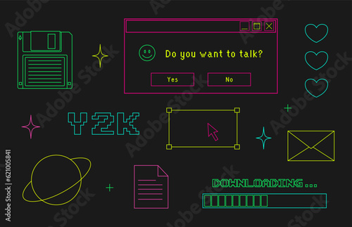 y2k neon trendy set of objects, old computer interface, retro pc elements, 1990s 2000s style, envelope, mail, cursor, star, floppy disk, nostalgia, vector illustration