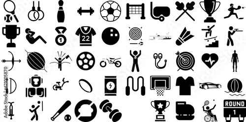 Huge Collection Of Sport Icons Bundle Black Simple Web Icon Tool, Silhouette, Health, Court Signs Vector Illustration photo