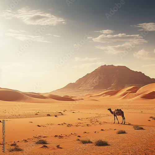 The bright sun is shining Landscape in the sands  camel of the desert