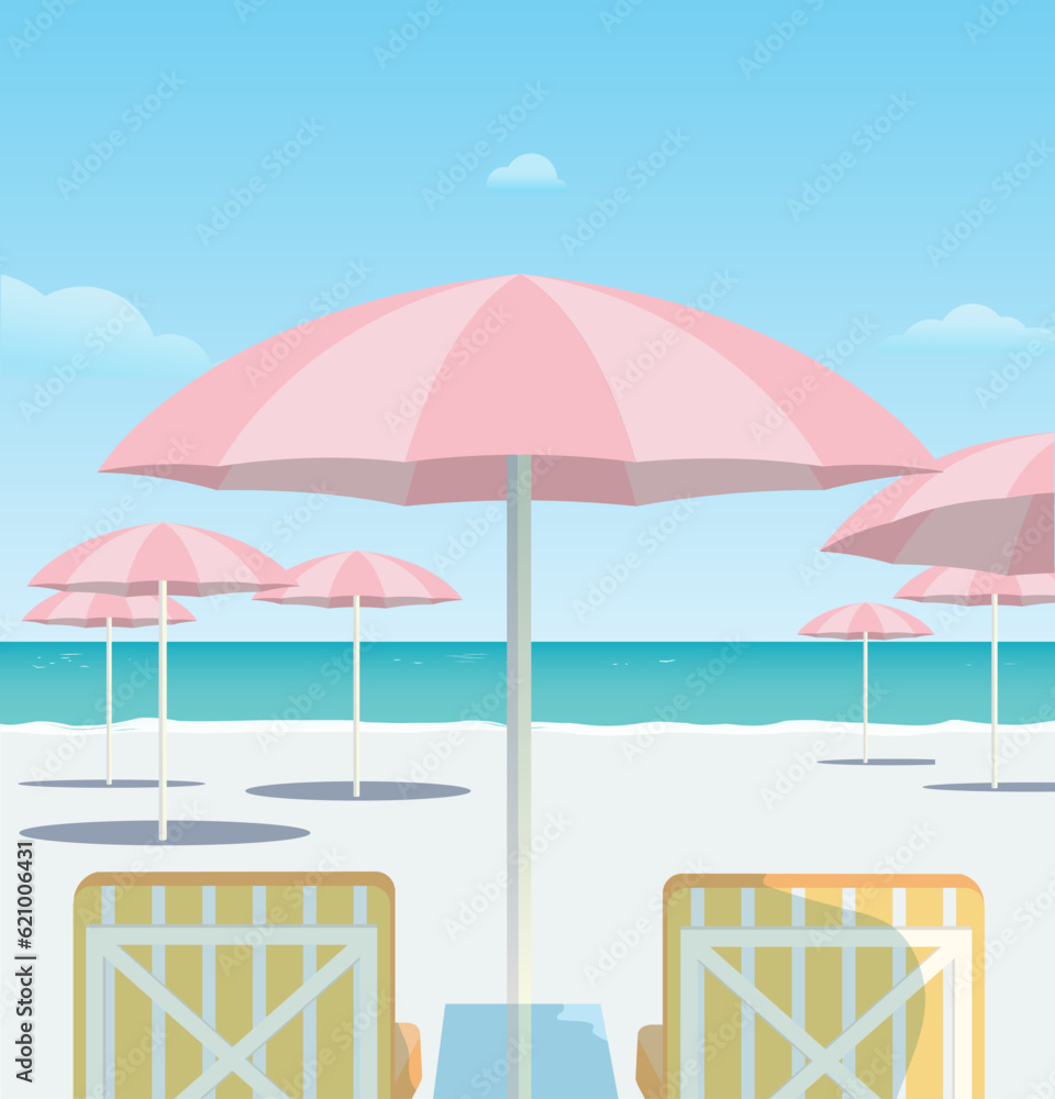 beach with umbrella and chairs, beachside sights, summer, 