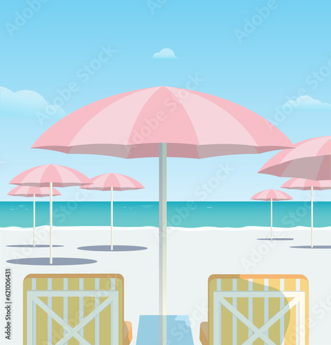 beach with umbrella and chairs, beachside sights, summer, 