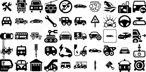 Mega Collection Of Car Icons Pack Hand-Drawn Black Design Silhouettes Mark, Laundered, Yacht, Slow Doodles Isolated On White