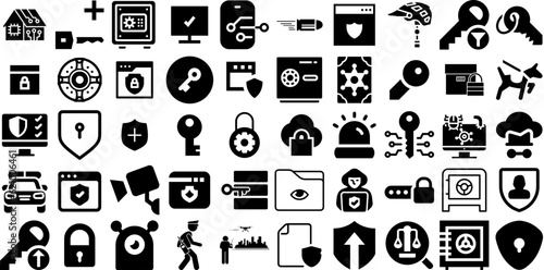 Massive Set Of Security Icons Bundle Black Modern Elements Set, Mark, Tool, Person Clip Art Isolated On White