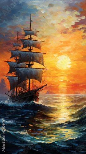Ship in the sea oil painting. Fine art wallpaper.