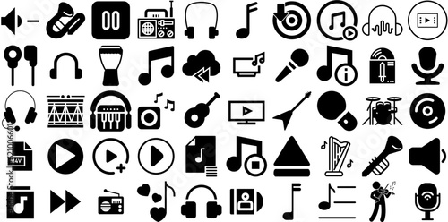 Huge Collection Of Music Icons Collection Hand-Drawn Solid Simple Pictogram Singer, Tool, Entertainment, Speaker Graphic Isolated On Transparent Background