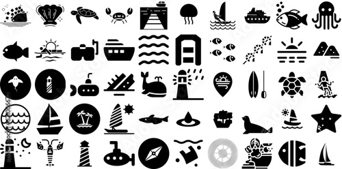 Mega Set Of Sea Icons Collection Hand-Drawn Isolated Cartoon Signs Anchor, Creature, Tortoise, Icon Doodle For Computer And Mobile