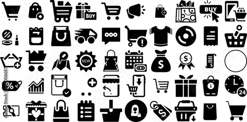 Mega Collection Of Shopping Icons Collection Hand-Drawn Black Cartoon Clip Art Goodie, Shopping Centre, Purchase, Mark Symbols Isolated On White Background