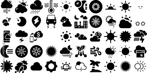 Massive Set Of Weather Icons Collection Flat Vector Symbols Icon, Weather Forecast, Symbol, Forecast Buttons Isolated On Transparent Background