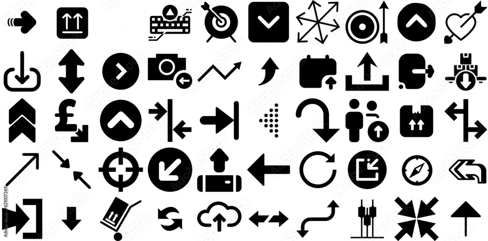Massive Set Of Arrow Icons Collection Solid Modern Silhouettes Exit, Infographic, Skip, Draw Symbol Isolated On Transparent Background
