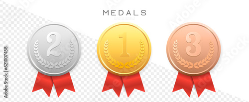 Gold, Silver, Bronze medals set Vector. Metal realistic badge with First, Second, Third placement Achievement. Round Label With Red Ribbon. Winner Prize. Competition Trophy