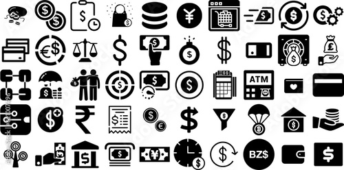 Massive Collection Of Money Icons Set Flat Design Signs Goodie, Coin, Finance, Silhouette Symbol Isolated On White