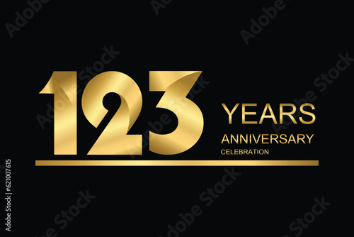 123 year anniversary vector banner template. gold icon isolated on black background.