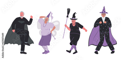 Halloween party. Elderly people in Halloween costumes are dancing. Positive active seniors. Vector illustration.