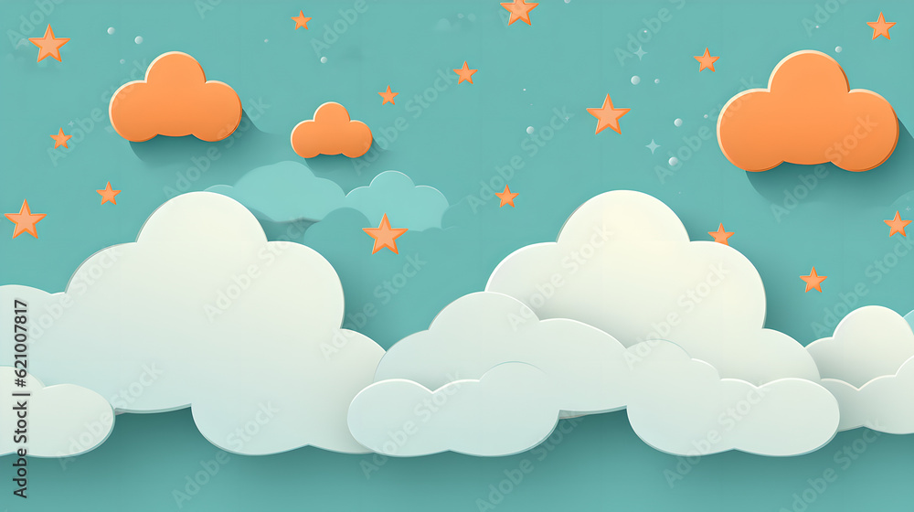 Kawaii Fantasy Pastel Colorful Sky with Clouds and Stars Background in Paper Cut and Paste Style