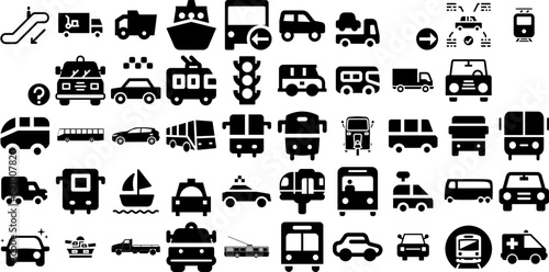 Big Collection Of Transport Icons Pack Hand-Drawn Black Design Pictogram Ship, Symbol, Icon, Garden Signs For Apps And Websites