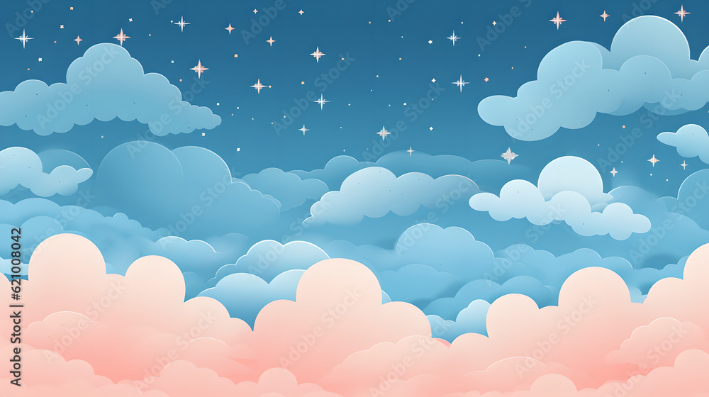 Kawaii Fantasy Pastel Colorful Sky with Clouds and Stars Background in Paper Cut and Paste Style Kawaii Fantasy Pastel Colorful Sky with Clouds and Stars Background in Paper Cut and Paste Style