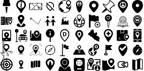 Huge Collection Of Location Icons Bundle Solid Drawing Clip Art Orientation, Geolocation, Pointer, Navigator Element Isolated On White Background