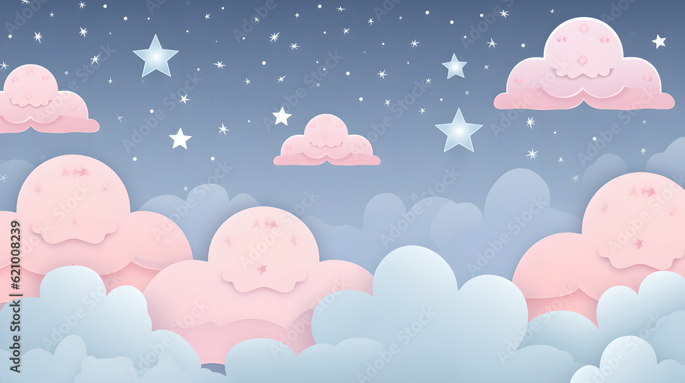 Kawaii Fantasy Pastel Colorful Sky with Clouds and Stars Background in Paper Cut and Paste Style