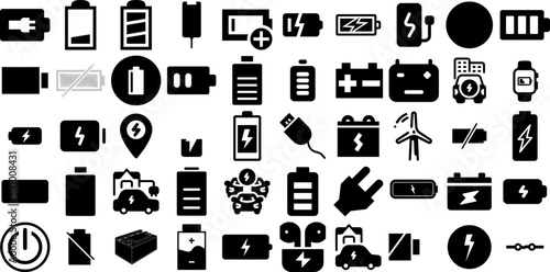 Big Collection Of Charging Icons Set Black Infographic Elements Icon, Accumulator, 100, Outline Pictograms For Computer And Mobile