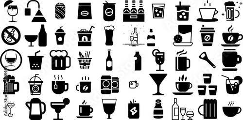 Big Set Of Beverage Icons Bundle Hand-Drawn Black Drawing Elements Icon, Coin, Symbol, Pub Buttons Vector Illustration