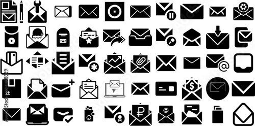 Mega Set Of Envelope Icons Pack Isolated Concept Clip Art Icon, Open, Glyphs, Correspondence Silhouettes For Computer And Mobile
