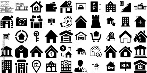 Massive Set Of Estate Icons Bundle Flat Infographic Symbol Luxury Home, Icon, Finance, Contractor Elements Isolated On White Background