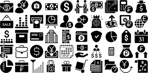 Huge Set Of Financial Icons Collection Solid Drawing Pictogram Coin, Decrease, Symbol, Icon Pictograph Isolated On White Background