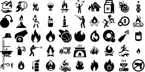 Fototapete Massive Collection Of Fire Icons Bundle Black Drawing Pictogram Wind, Icon, Fire