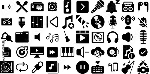 Massive Collection Of Music Icons Bundle Black Infographic Glyphs Tool, Speaker, Entertainment, Singer Silhouette Isolated On Transparent Background